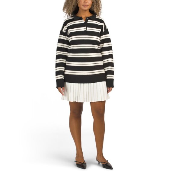 ENGLISH FACTORY Black/cream Striped Polo Mixed Media Mini Dress - Picture 1 of 2